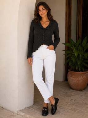 Oscar by Oscar de la Renta black pointelle knit button-front cardigan with scall